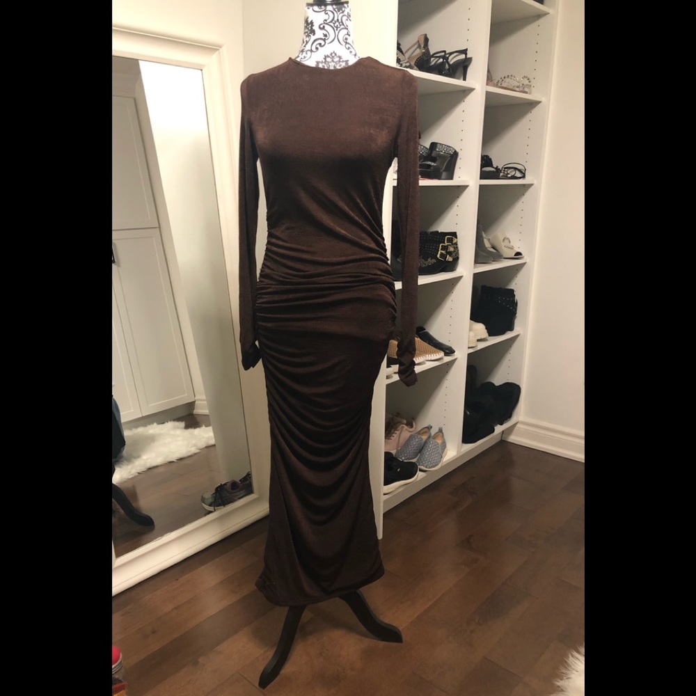 Brown bodycon ruched dress from Dissh.  Size 12 UK